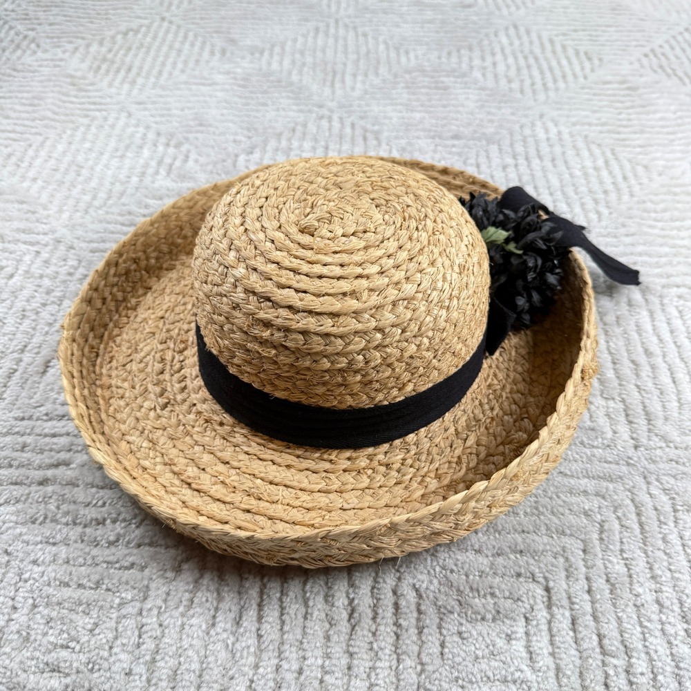 Betmar Street Smart Straw Sun Hat Women's Tan Black Ribbon Floral Summer Beach